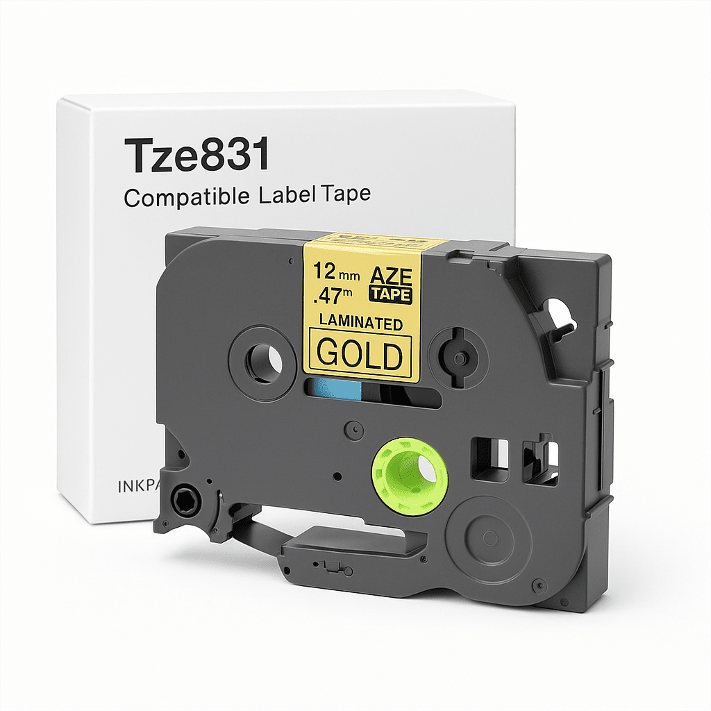 Brother Tze831 Tape sort tekst på guld tape – 12mm x 8m – Uoriginal